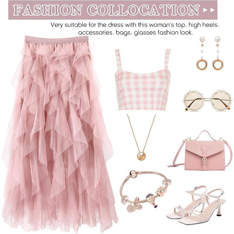 1pcs Women Tulle Skirts Layered Tutu Skirt Midi Length Elastic High Waist A Line Skirt