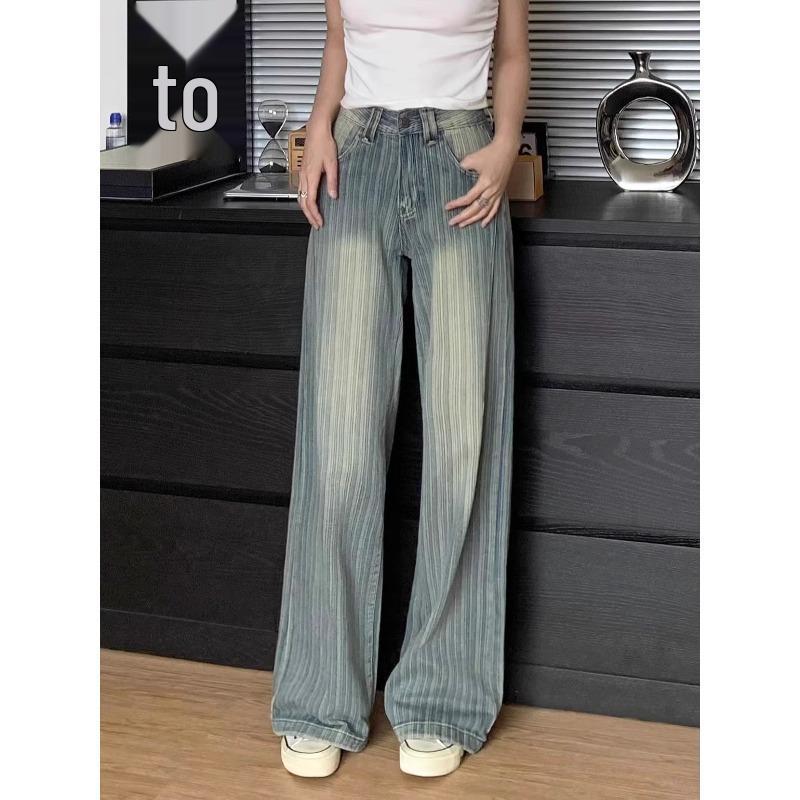 Women's High-Waisted Wide-Leg Retro Striped Jeans - Slimming Spring/Summer Pants