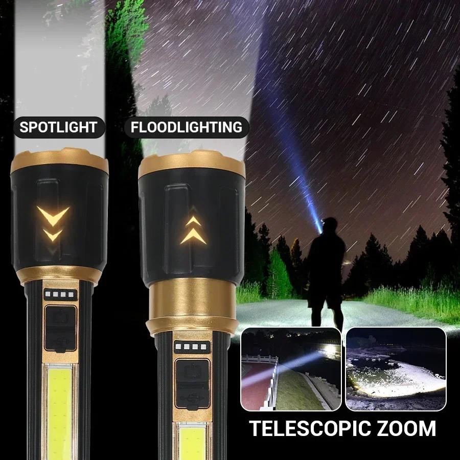 Powerful LED Flashlight T6 Lamp Bead Built-in Battery USB Rechargeable Zoom Torch With Power Display Outdoor Tactical Flashlight