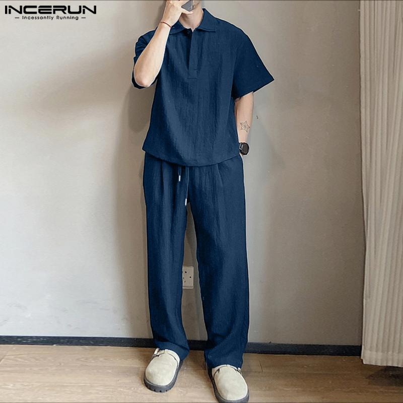 INCERUN Vintage Two Pieces Men Lapel Neck Short Sleeve T-Shirt Long Straight Pants Outfits