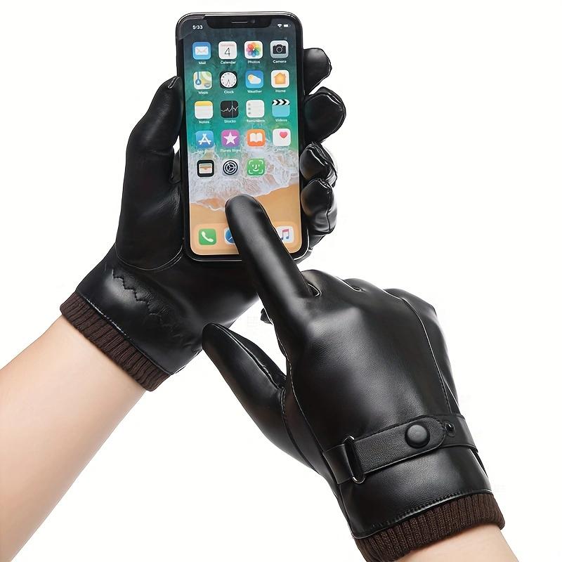 WTEMPO 1 Pair of PU Metal Buckle Touch Screen Cashmere Warm Men's Cold-proof Full Finger Gloves Korean Outdoor Riding Cycling Winter Leather Gloves