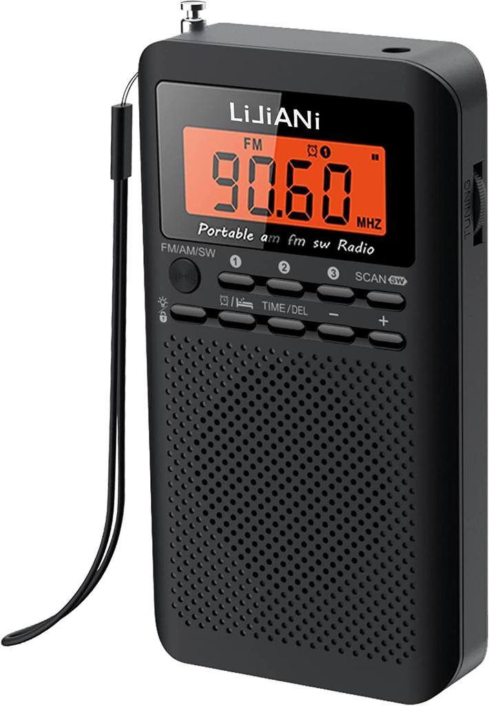 Compact portable radio for FMAMSW, uses two AA batteries, features backlit buttons for nighttime use, digital clock, alarm clock, and sleep timer
