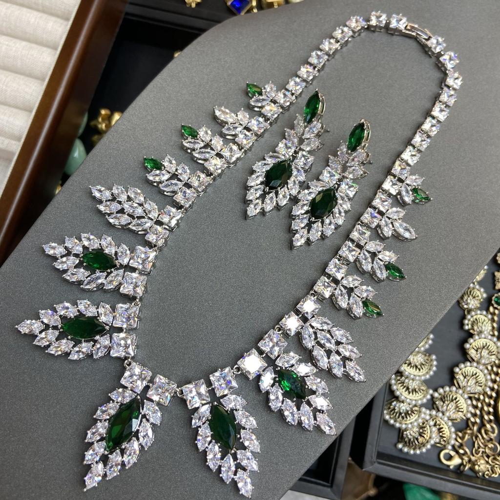 Austrian Court Peacock Emerald Water Drop Necklace Vintage Plated 18K Gold, Feather Zircon Earrings Set