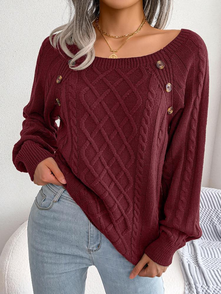 Autumn and Winter Casual Sweatshirt, Square Collar Button-down Twisted Knit Pullover Sweater