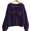 New bow purple knitted sweater lazy style fashion women's autumn new unique good-looking top