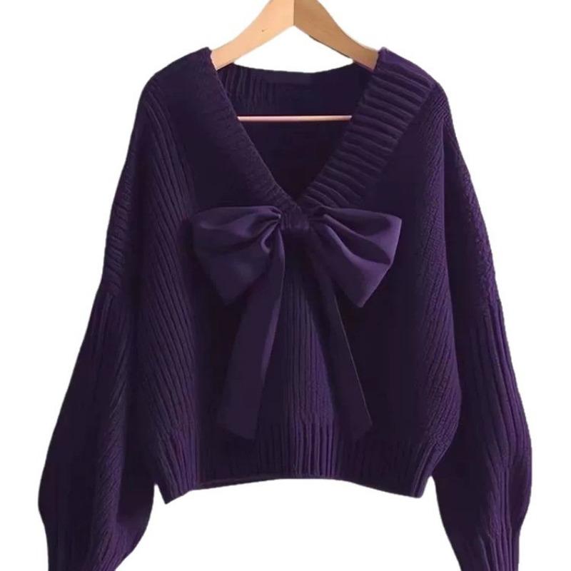 New bow purple knitted sweater lazy style fashion women's autumn new unique good-looking top