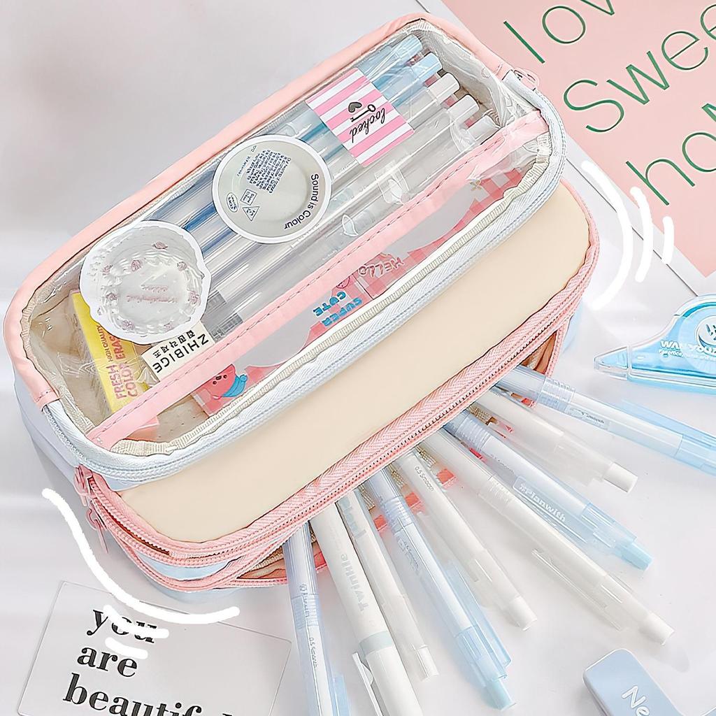 Cream Pencil Bag Pen Case Hitting Color Blocked Staged Type Transparent Front Pocket Storage Pouch for Stationery