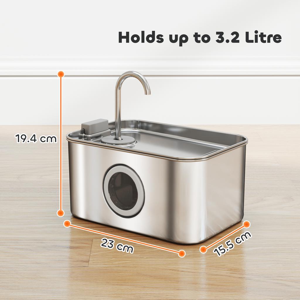 3.2 L Cat Water Fountain For Drinking Cat Fountain Stainless Steel With Visible Water Level Window Ultra Silent Pump
