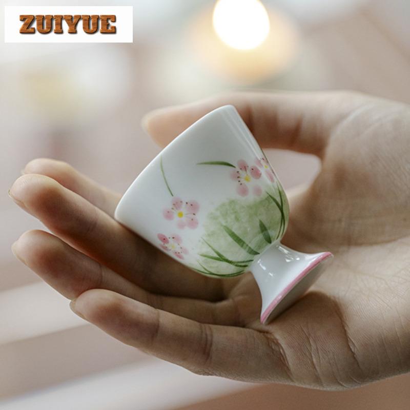 2pc/lot Hand Drawn Pink Grass Tea Cup Handmade High Footed Master Cup Flower Mouth Smelling Fragrant Mugs Kung Fu Teaset 25ml