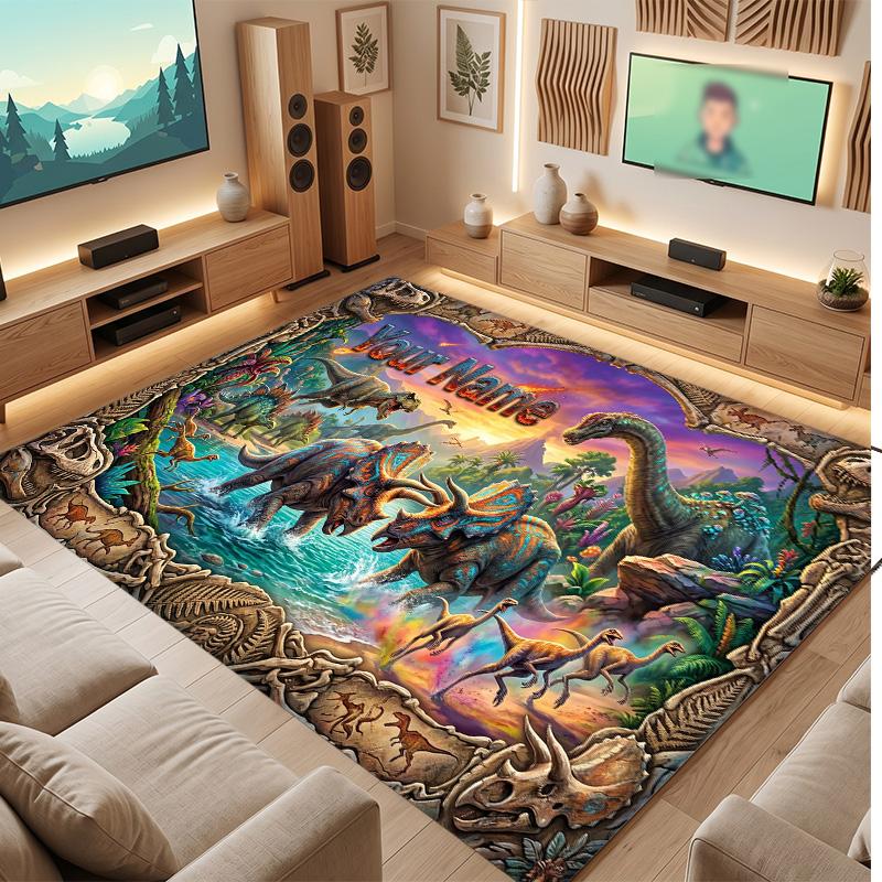Dinosaur Theme Soft Crystal Velvet Rug Custom Name & Text Print Non Slip Floor Rug for Bedroom Living Room