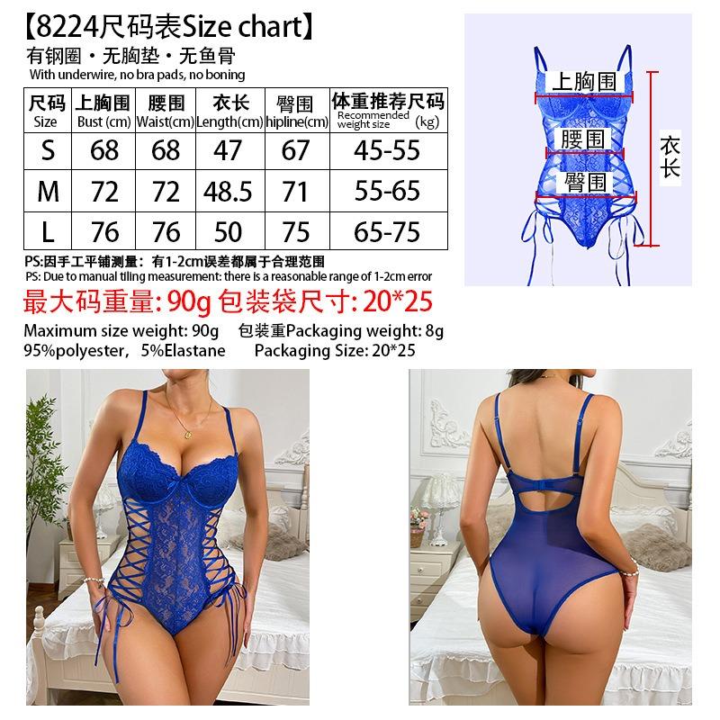 Blue Lace Perspective Splicing Suspender Onesie New Pure Desire Sexy Straps Hollow Erotic Onesie