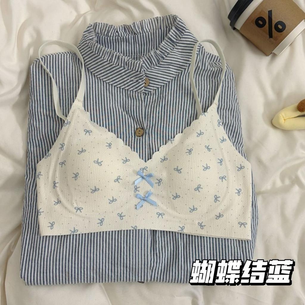 French girl floral non-marking thin rabbit ear cup no steel ring underwear big chest small breast soft support bra
