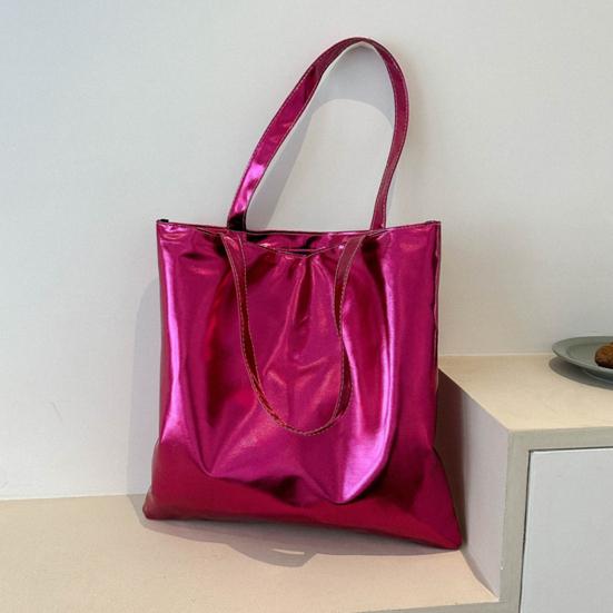 Glossy Tote Bag Women Shiny Solid Color Shoulder Bag High Capacity Faux Leather Handbag for Date Street Party Shopping
