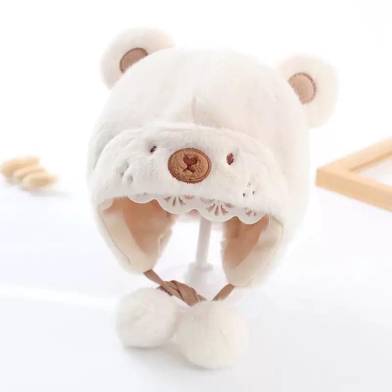 Unisex Baby Bear Plush Pom-Pom Hat - Cute Korean Style with Ear Protection for Autumn and Winter