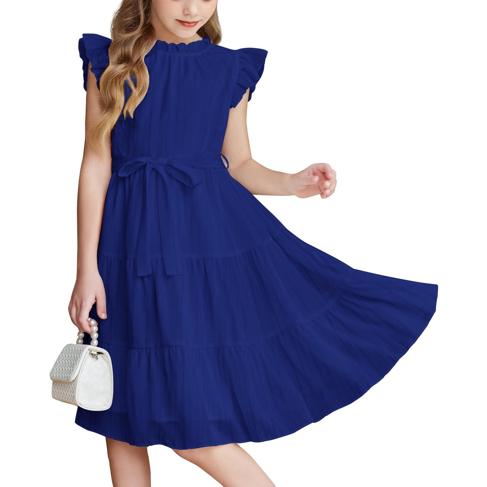 

Платье для девочек, однотонное, с круглым вырезом, завязывающимся на талии, с оборкой по подолу 160