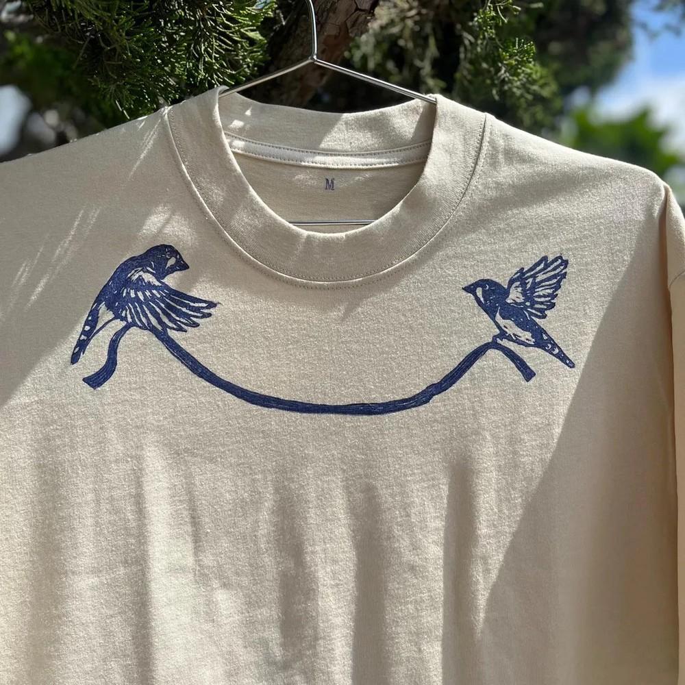 

Hand Printed Birds Cotton Tee Linocut Block Print Bow Sleeve Shirt Size S3XL Unisex T-Shirt S