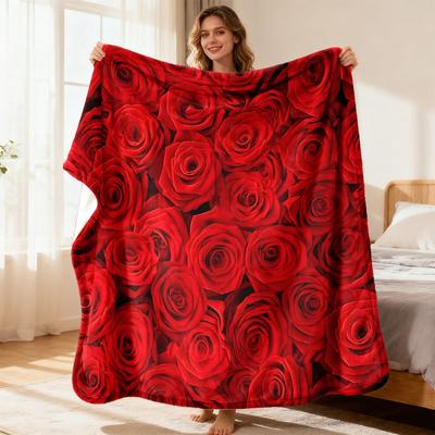 Elegant Red Roses Pattern Flannel Blanket Soft And Cozy All-Season Throw for Sofa Romantic Home Decor Machine Washable Warm Flanne