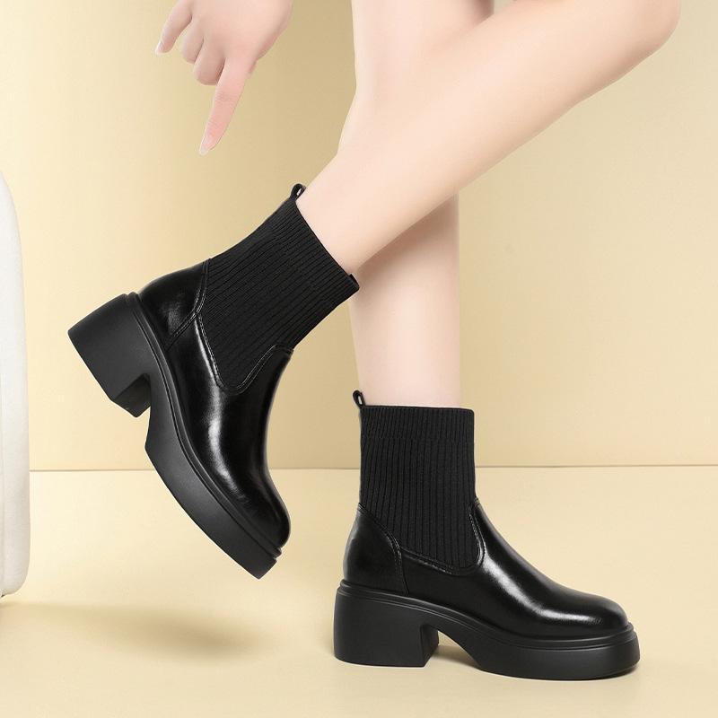 6cm Fashion Comfortable Soft Leather Boots Women's Platform Shoes Winter 2025 Flexible Elastic Sock Boots Warm Fur Ankle Botas