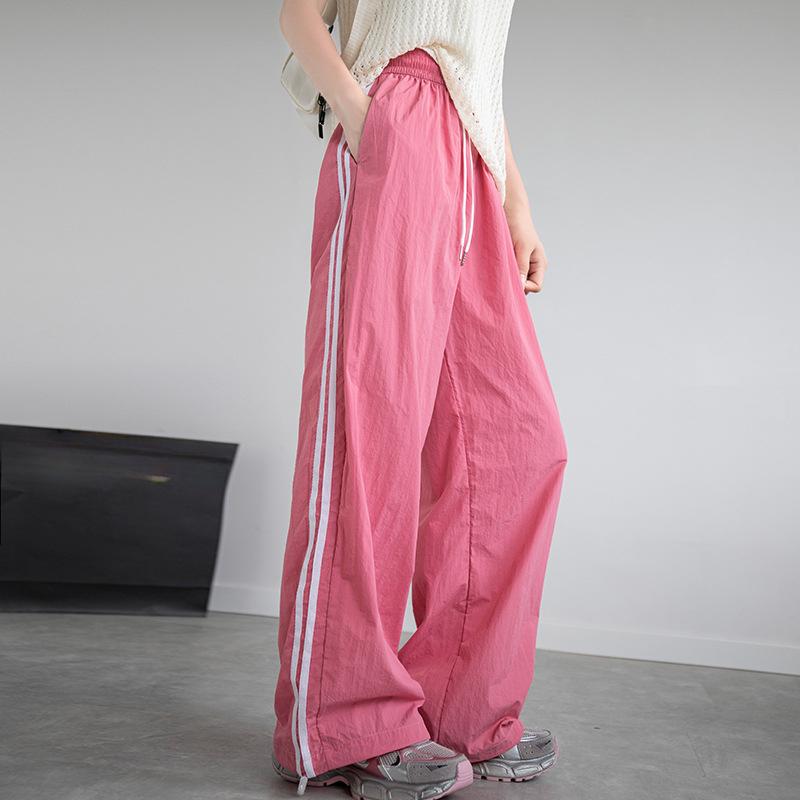 Ice Silk Quick-drying Work Pants for Women In Summer Dopamine Loose Casual Striped Thin Sports Wide-leg Paratrooper Pants