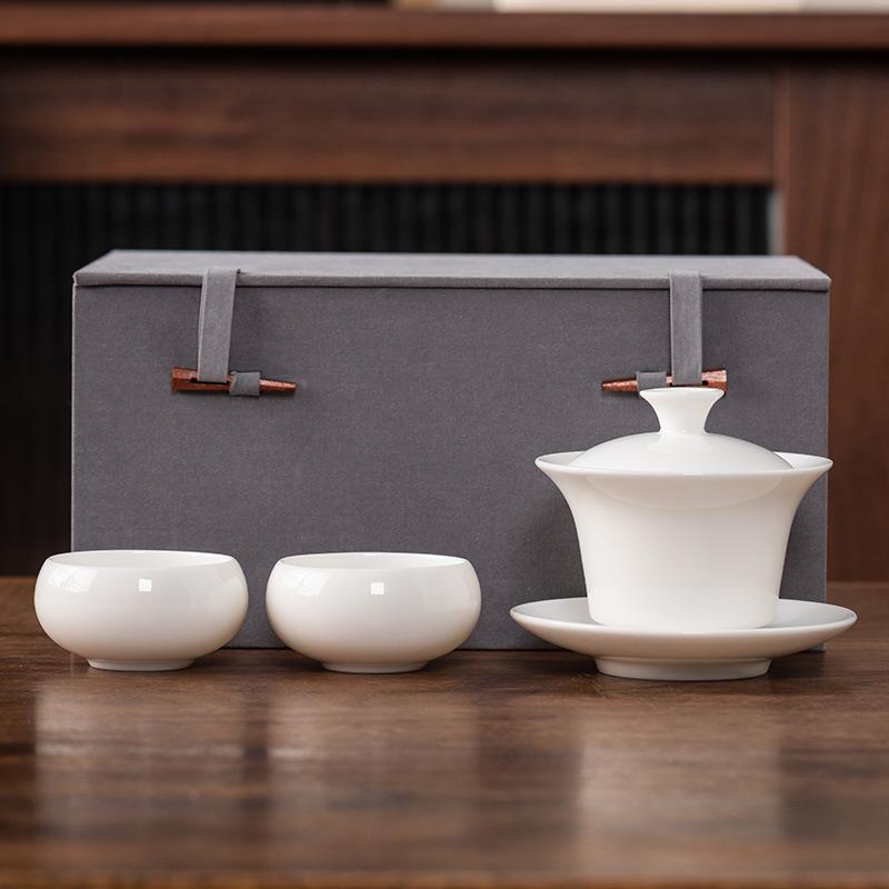 Hover Cover Bowl Suet Jade Porcelain White Porcelain High-end Three Talents Brewing Tea Bowl One Pot Two Cups Gift Box Light Luxury Boutique Tea Set