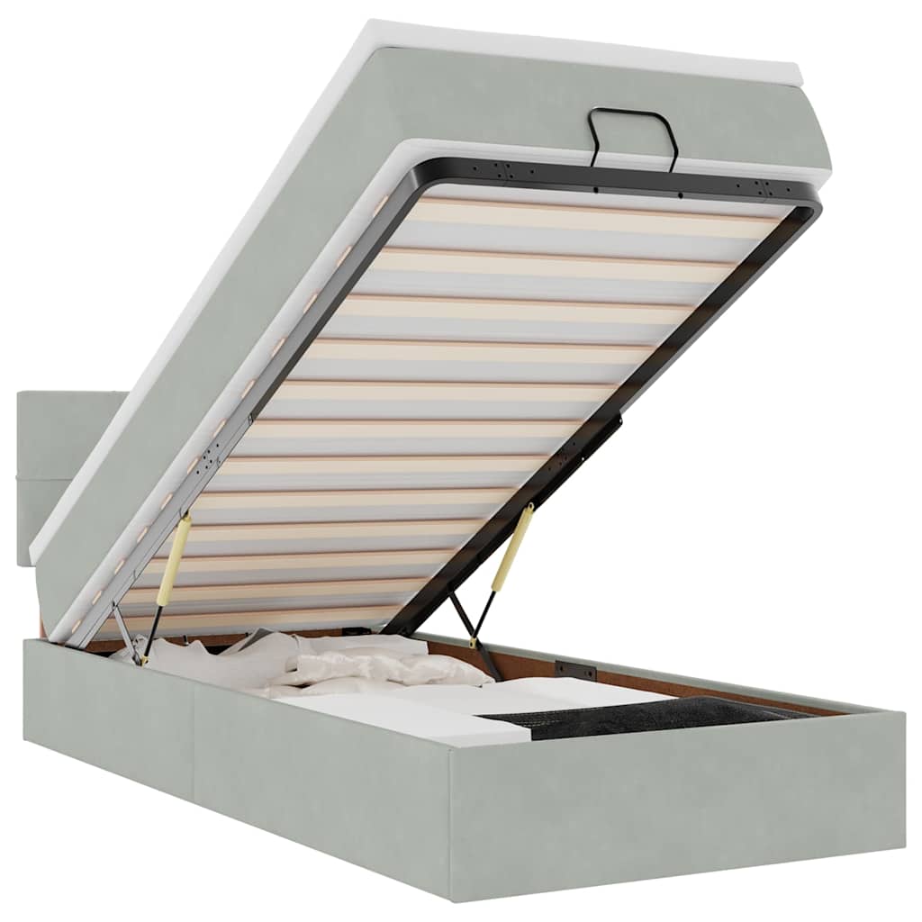 Enjoy restful nights with this Ottoman bed with mattress and LEDs in light grey 80 x 200 cm upholstered in velvet