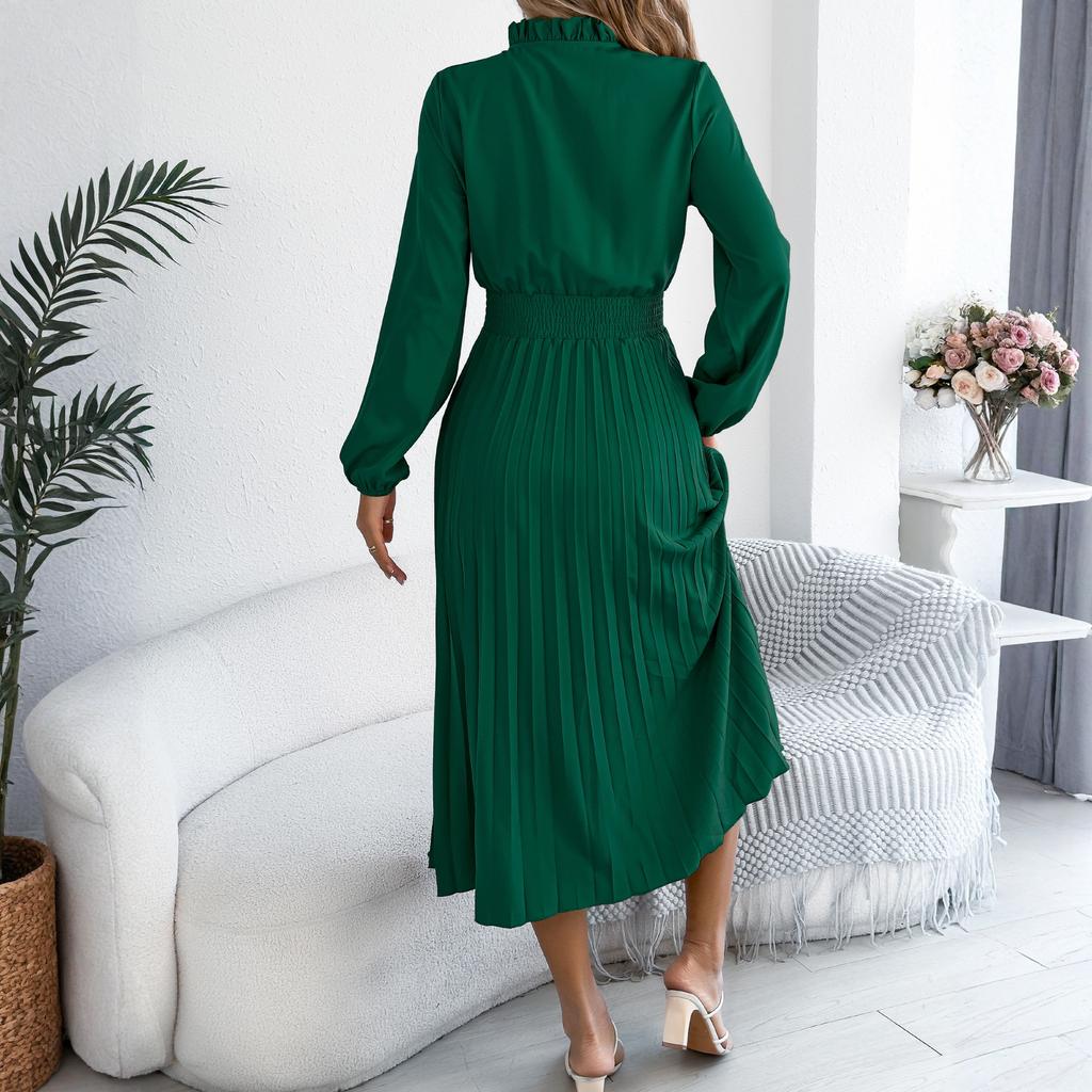 Women's Fashionable Casual Loose-Fit Tie-Waist Bell-Sleeve Pleated Dress