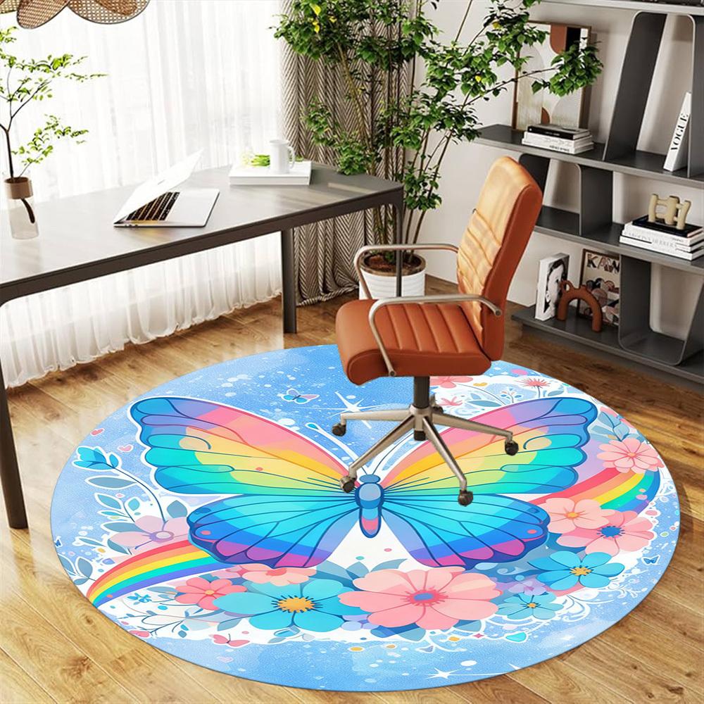 1PC Butterfly Rainbow Round Chair mat Area Rug - Non-Slip, Floor Mat for Office, Bedroom, and Indoor Decor -Gift D1127261