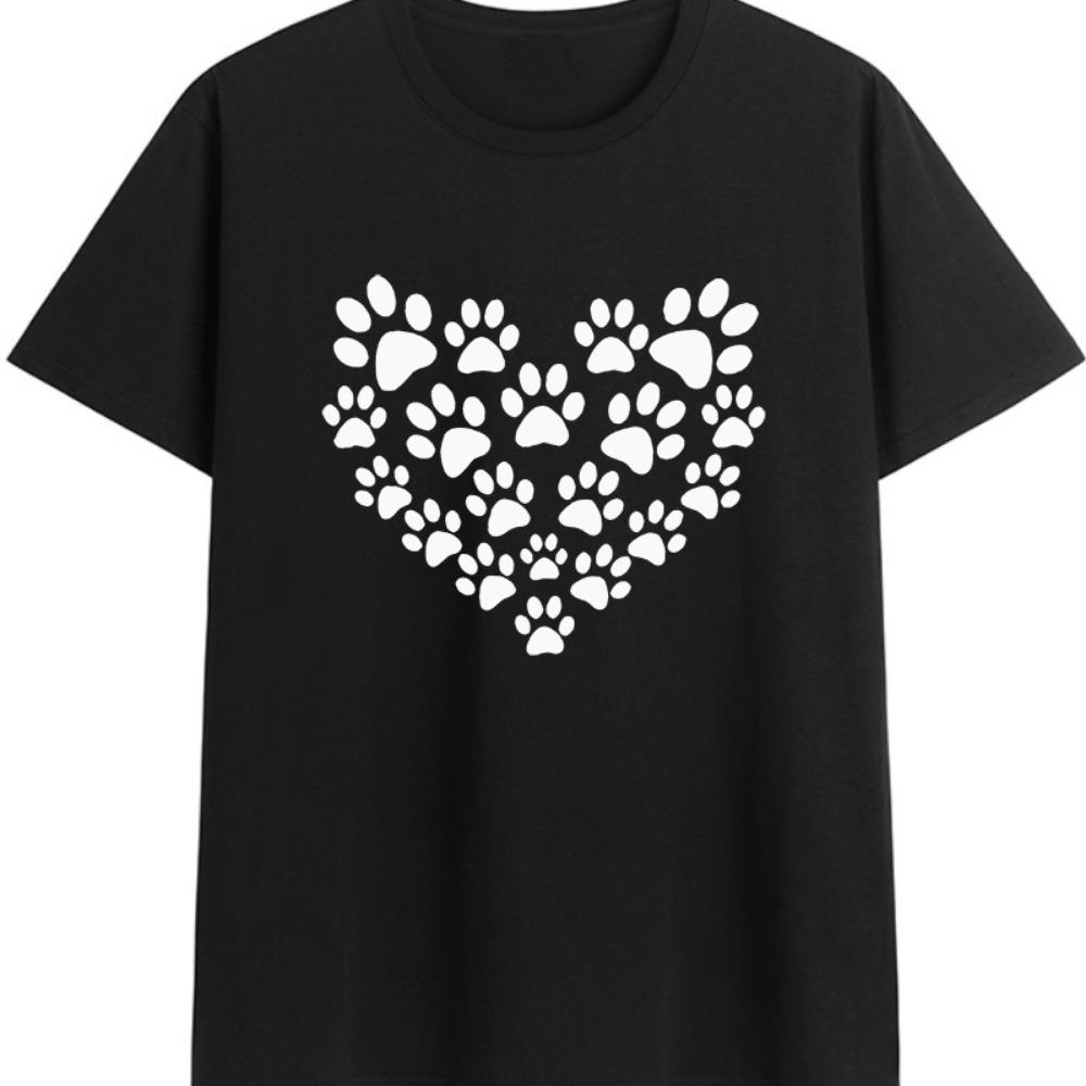 Women's Heart-shaped Dog Footprints Fun Print Dog Lover Round Neck Short Sleeve Sport T-shirt Tops  Harajuku