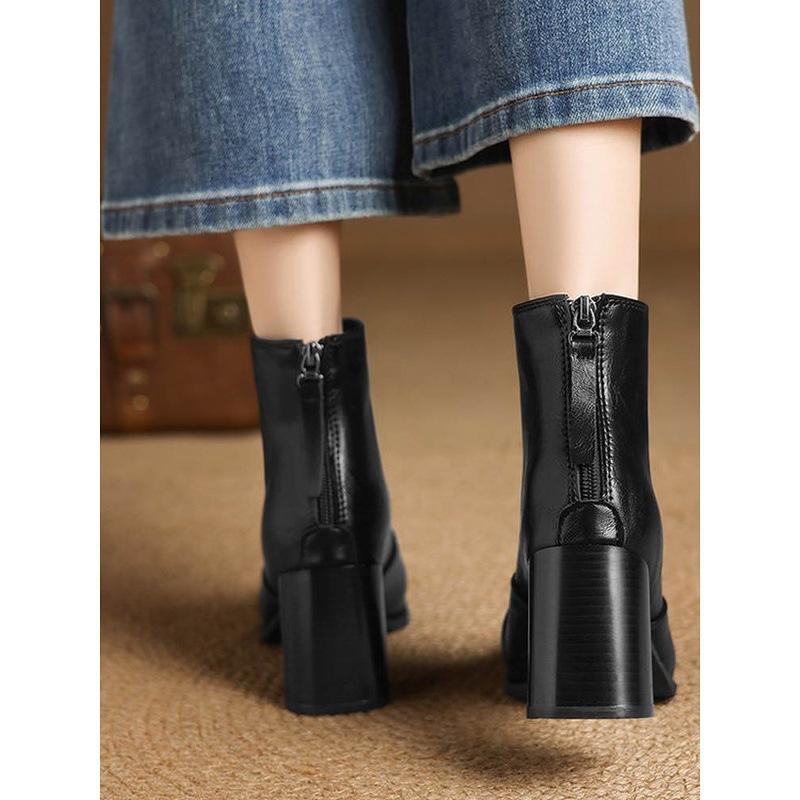 Square Head Chelsea Boots Women's Retro Short Boots High Heel Single Inlet Small Ankle Boots Thick Heel Women's Boots Single Boots