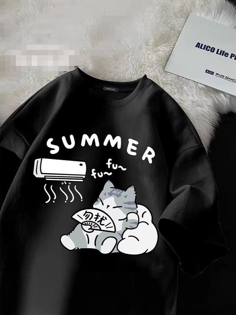 Children's Summer Cute Cat Cotton T-Shirt - Girls' Medium/Large, Boys' Trendy Brand, Short-Sleeved