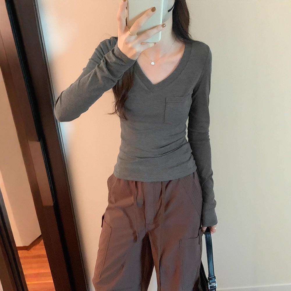 

2025 Women s Slim Fit V-Neck Long Sleeve White Base Layer Top - Flattering Korean Style for Autumn Extra Large сірий колір