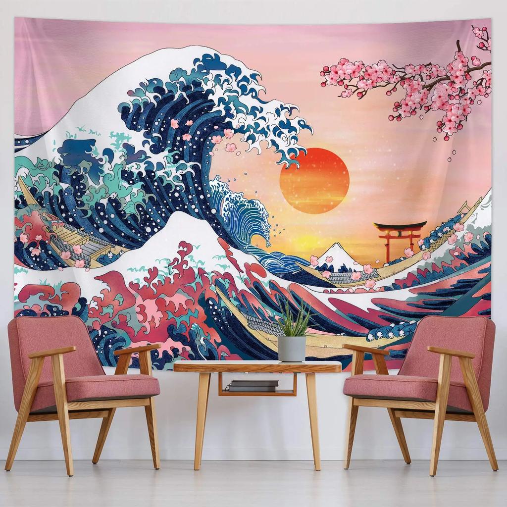 Anime krajina Tapiserie Japonská hora s třešňovými květy Tapiserie Sakura Vesnice Estetické umění Nástěnná tapiserie pro ložnici