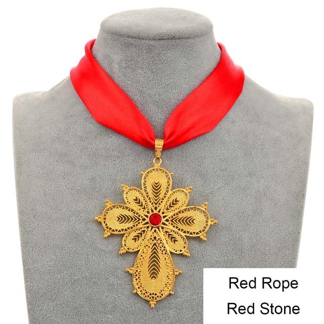 Anniyo Ethiopian Wedding Party Cross Pendant DIY Rope Chain for Women Girls,Gold Color Eritrea Jewelry African Crosses