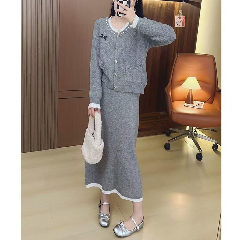 Bead design sweater two-piece set autumn and winter new high-waisted skirt knitted sweater set women