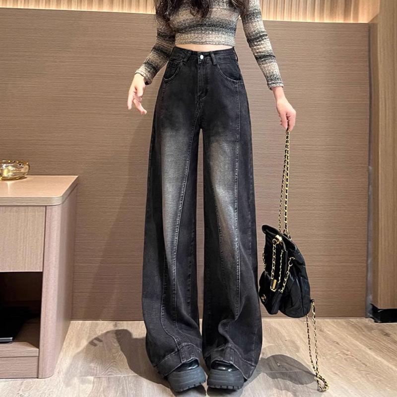 Women's Black & Gray Patchwork Wide-Leg Jeans - Spring/Autumn Plus Size, Floor-Length, Loose Fit