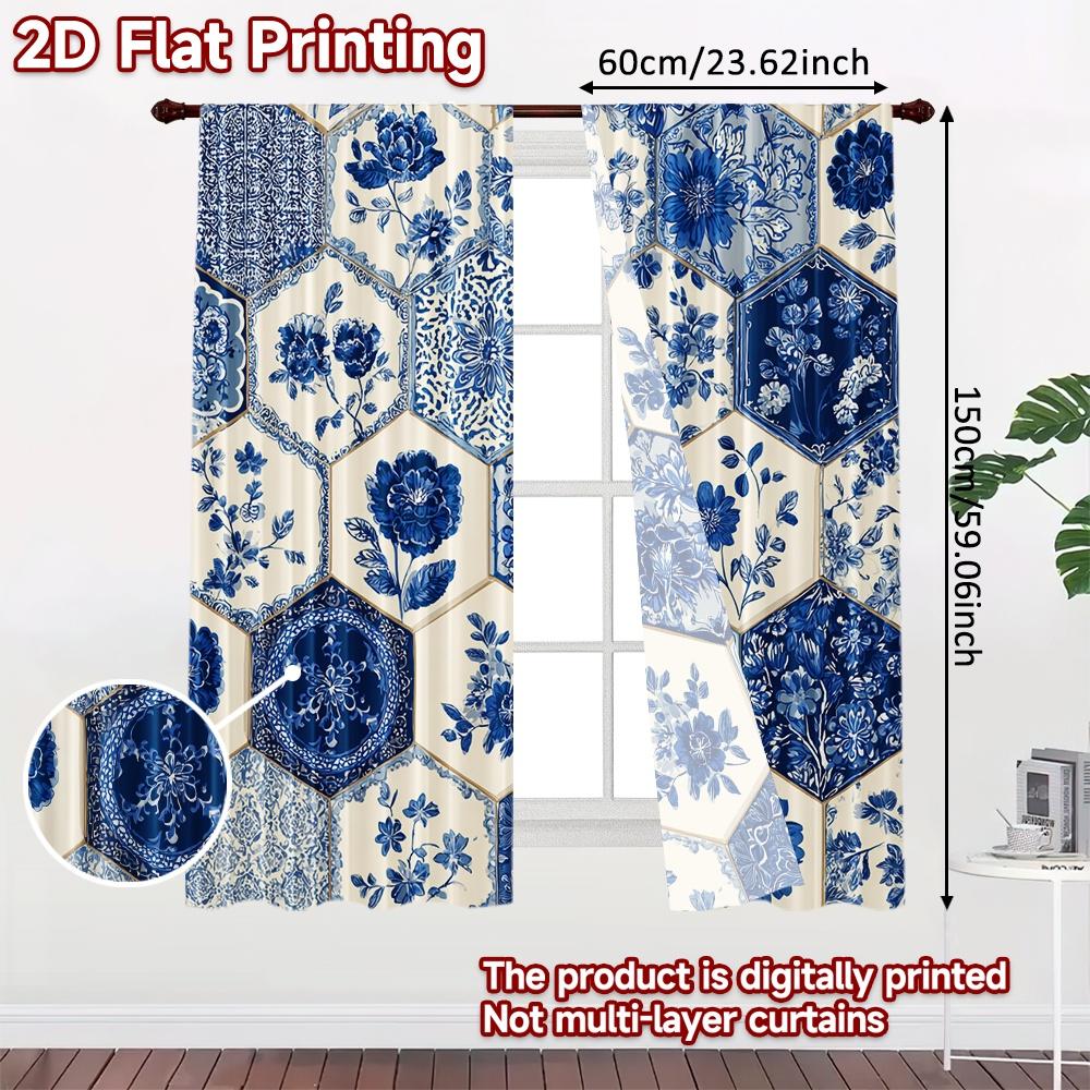 2pcs, 2D FLAT PRINTING Curtains (Without Rod) Blue Hexa Pattern Modern Fashionable Curtainments Versatile Durable Polyester