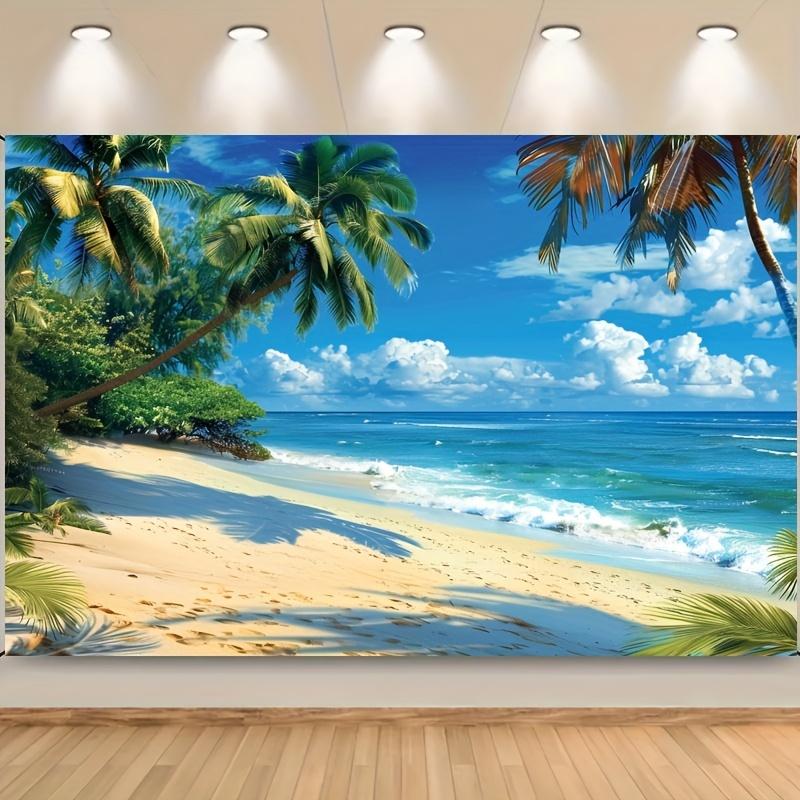 Tropical Hawaiian Paradise Backdrop - Vibrant Beach Summer Vacation Photos Background Coconut Trees Autumn and Summer Occasions
