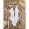 Ribbed Knit Halter Cutout One Piece Swimsuit Tie Side High Cut Bathing SuitSolid Color