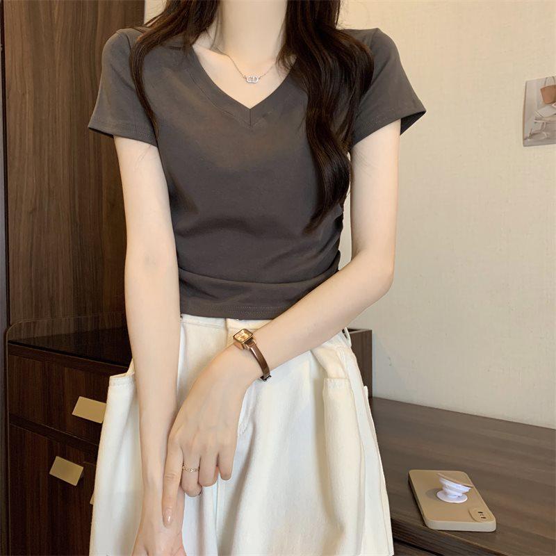 Women's Summer V-Neck Short-Sleeve Slim-Fit High-Waisted Pleated Straight Shoulder T-Shirt with French Design