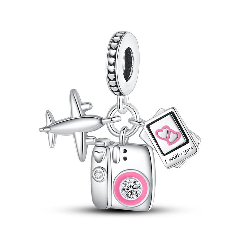 S925 Silver Travel Theme Airplane Luggage Camera Charm Beads DIY Bracelet Jewelry Accessories Set