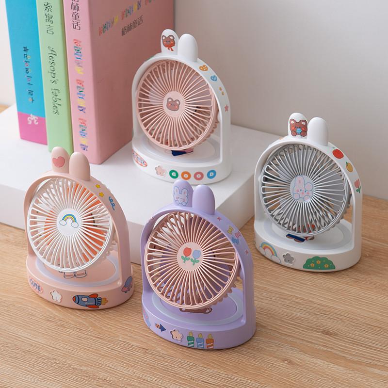 2023 New Summer Cute Pet Bunny Ear Desktop Usb Mini Student Portable Diy Fan With Plastic Blades Pink
