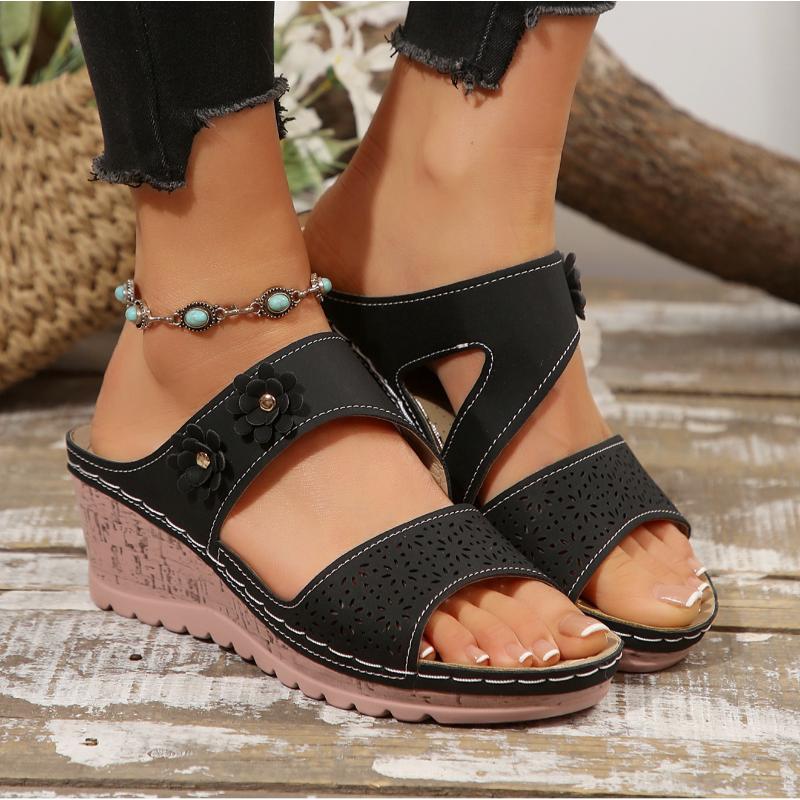 

Fashion Women s Sandals Slope Heel Thick Bottom Height Enhancement Stirrup Flower Decoration Fashion Sandals for Women Width Sandals 36 чёрный