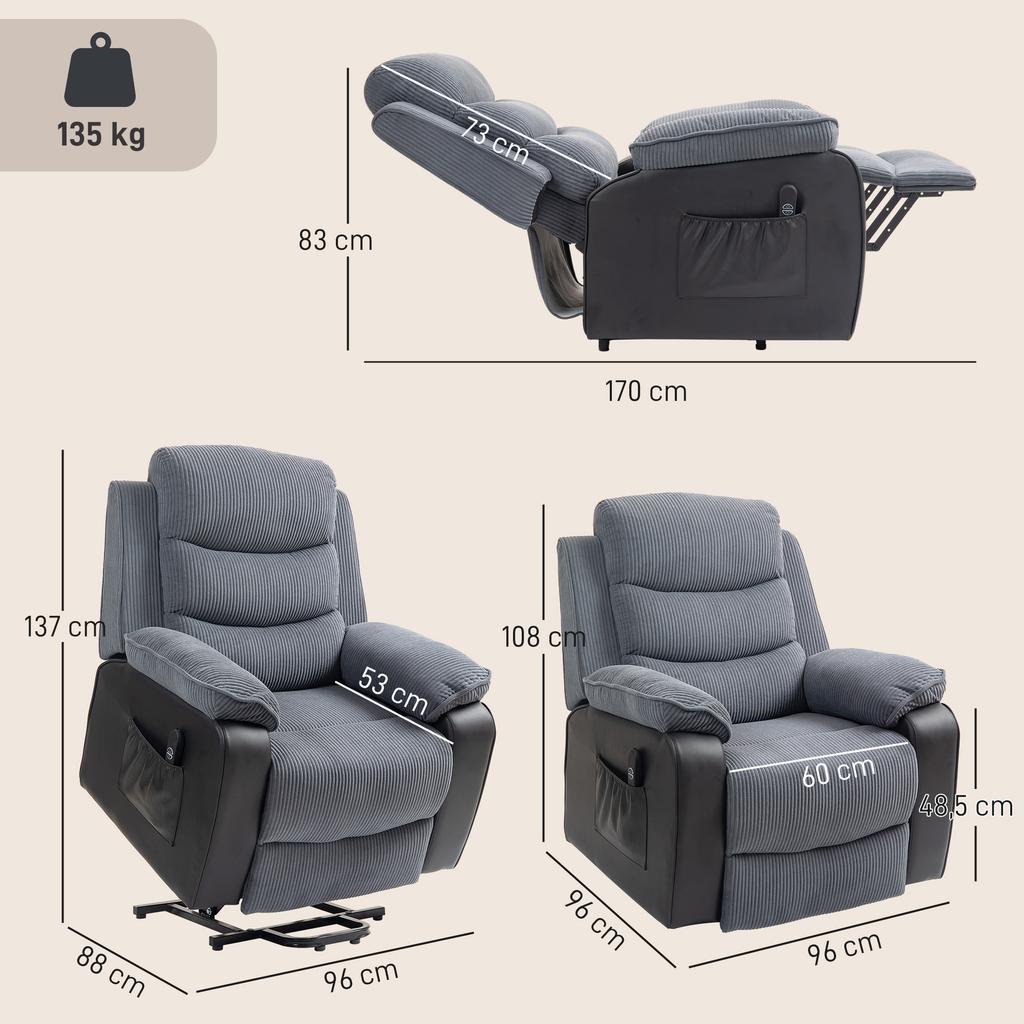 Lift Chair with Soft Corduroy Cover, Recliner Chair with Remote Control and Side Pockets, Dark Grey
