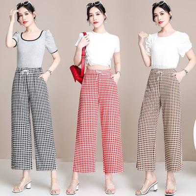 Summer Fashion  Women Retro Plaid Wide Leg Harem Pants Korea New Loose Trousers Ladies Womens Casual Print Pant