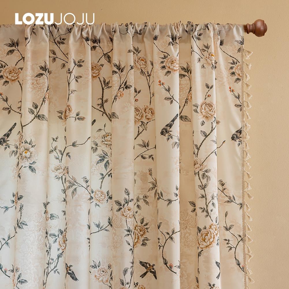 1PC LOZUJOJU French Retro Rose and Bird Print Curtains Beige Tassel Edge Semi Transparent Curtains for Bedroom Living Room Window Home Decor