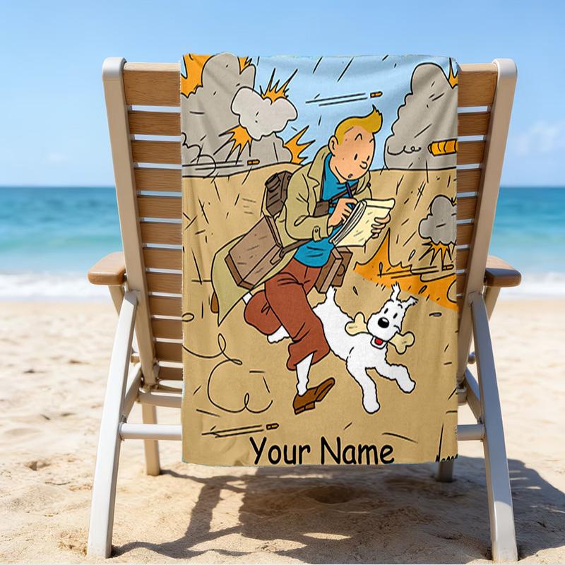 Personalisierbares Strandtuch Tintins Abenteuerstadt Strandtuch, Weiche Mikrofaser, Geschenk für Sie/Ihn, Geburtstag, für Pool, Strand, Reisen, Fan-Geschenke