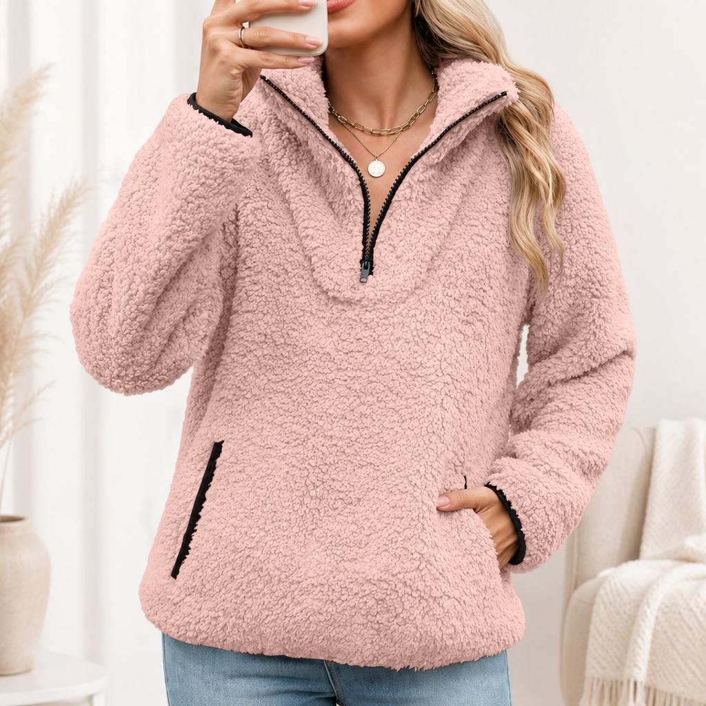 Women's Mock Neck Half Zip Pullover with Pockets for Fall and Winter