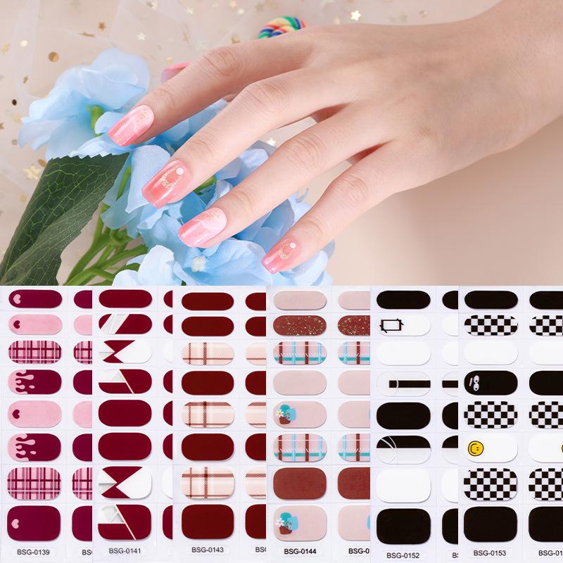 16 finger gelnagelklistermärken schackrutiga japanska och koreanska semi-härdade nagelklistermärken gelnagelklistermärken