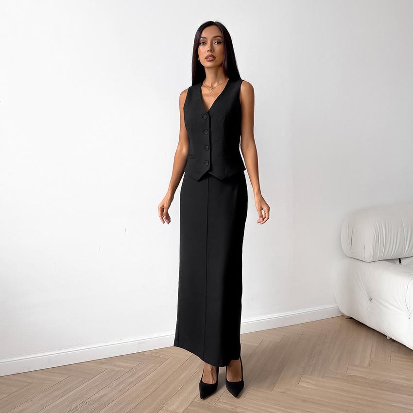 Temperament black mysterious V-neck sleeveless vest long split skirt set summer sexy casual commuter women's clothing