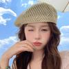 Korean Straw Woven Berets for Women Summer Thin Hollow Mesh Painter Cap Solid Color Breathable Female Lady Pumpkin Hats